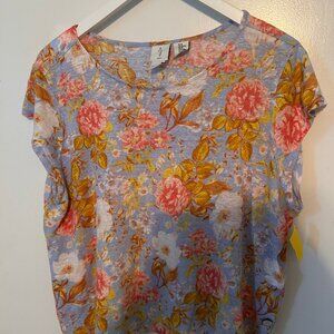 Joie Floral Linen 100% Linen Short Sleeve Top Blue Floral Size XL